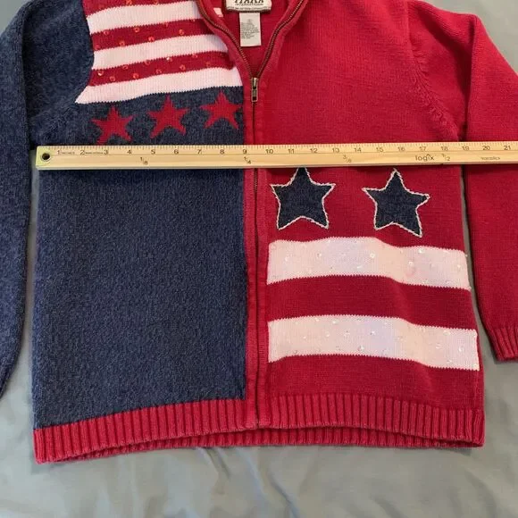 Tiara International Sweater Womens Small Red Blue Zip‎ Patriotic Stars Stripes - Picture 3 of 6
